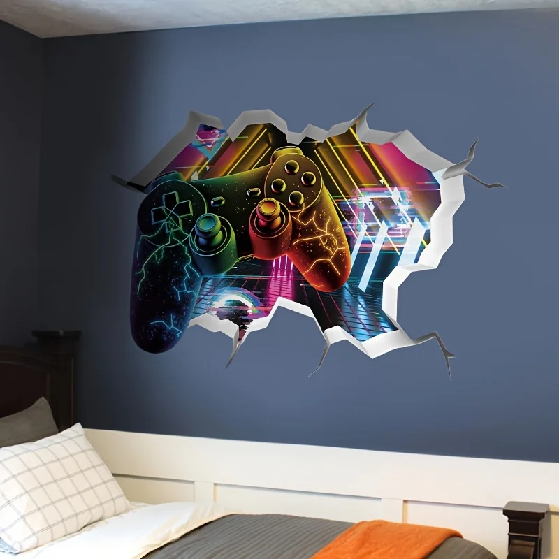 Torn Wall Game Controller Wall Sticker Colorful Neon E‑Sport Controller Broken Wall Visual Effect Trendy Cyber Style