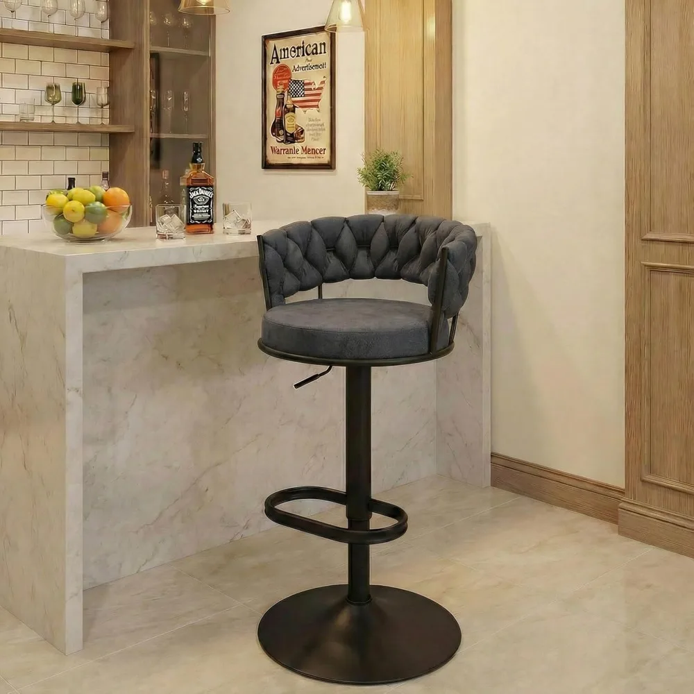 

Adjustable Swivel Counter Stool with Woven Back Metal Legs Large Footrest Cloth Upholstery Kitchen Island Grey