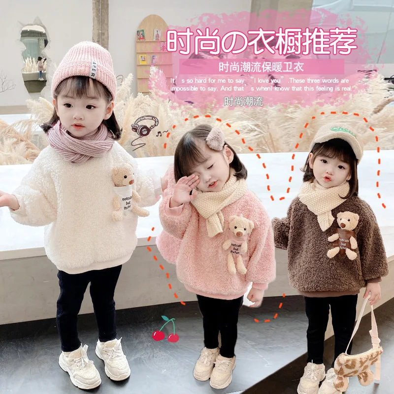 1 2 3 4 5 6 Year Baby Girls Sweatshirt Spring Autumn Warm Fleece Tops Cute Bear Pullover Children\'s Sweater Toddler Girl Clothes