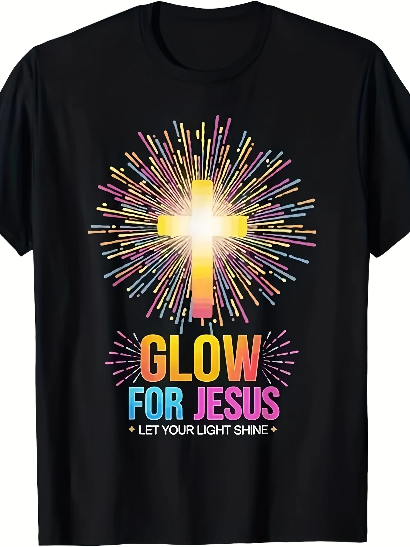 Men's Luminous Christian T-Shirt - Neon Glow-In-The-Dark Jesus Design with Cross and 