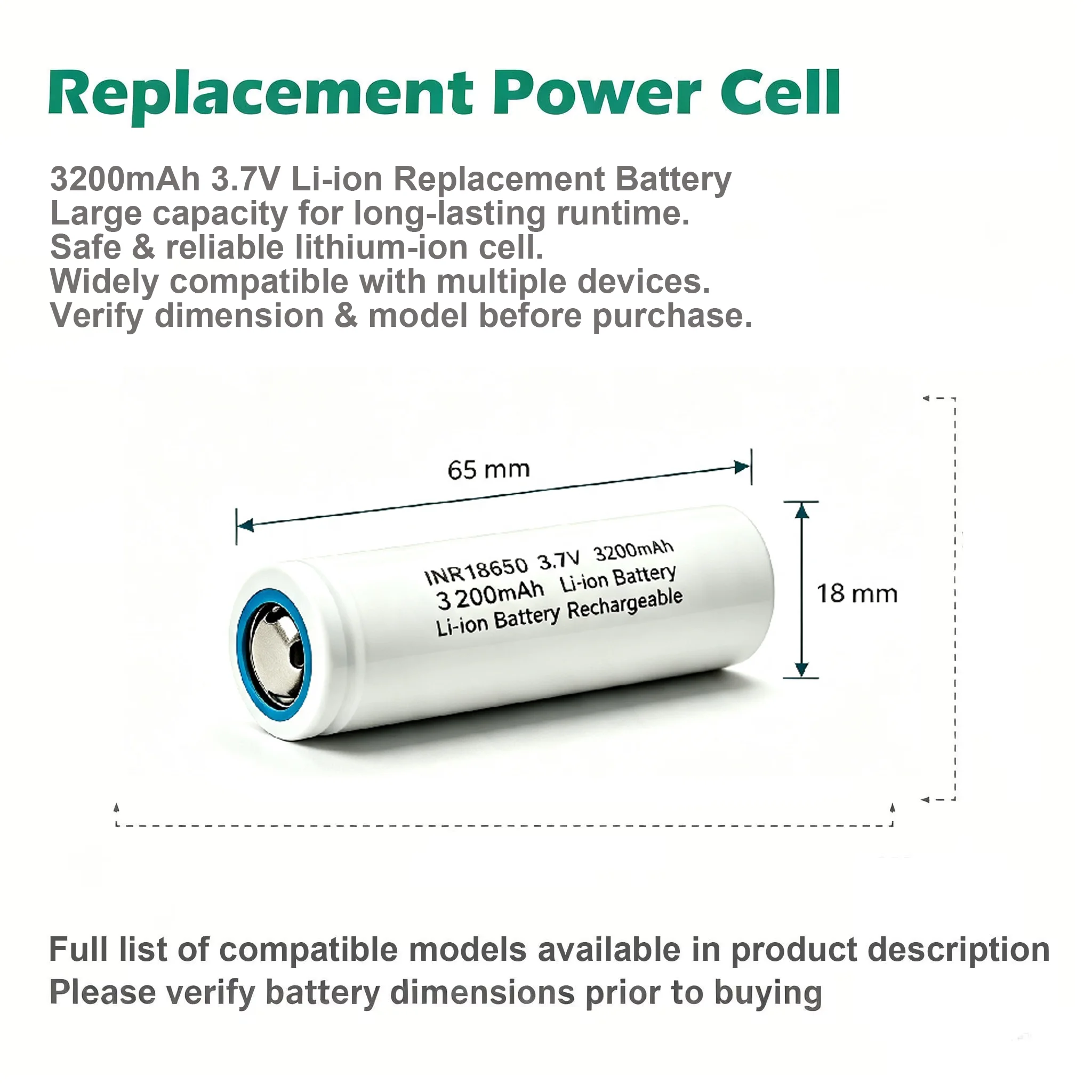 18650 3200mAh 3.7V Rechargeable Li‑ion Battery Large Capacity Replacement Cell for Flashlight Torch Electronic Devices