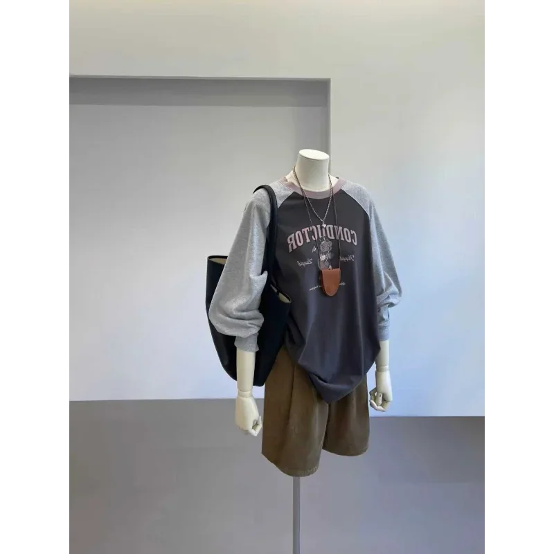 Loose Autumn and Winter New Pure Cotton Bottoming Top Retro Contrast Printed Long-sleeved T-shirt for Women