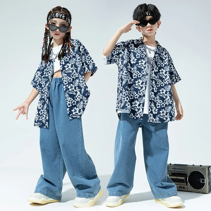 Kinderen Hiphop Jazz Performance Kleding Sets Vintage Korte Mouwen Bloemenprint Shirt Jeans Teen Jongens Meisjes Street Dance Kostuums