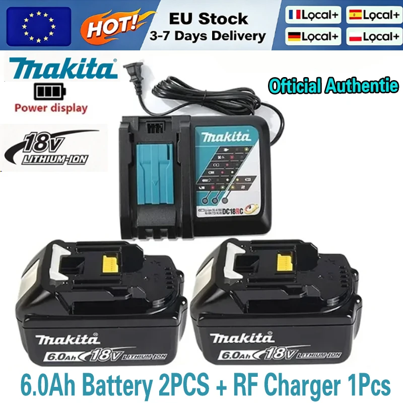 Set da 2 batterie agli ioni di litio Makita originali da 18 V e 6,0 Ah, modello BL1860B, con caricabatterie rapido DC18RF, batteria ricaricabile LXT compatibile con gli utensili elettrici Makita