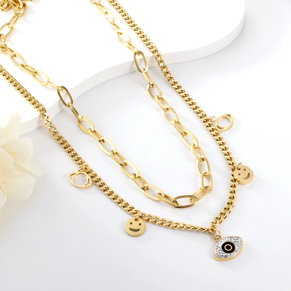 CZ Evil Eye Shape Pendant Necklace Stainless Steel Gold Color Smiling Face Charm Cuban Link Chain For Women Girl Wedding Jewelry