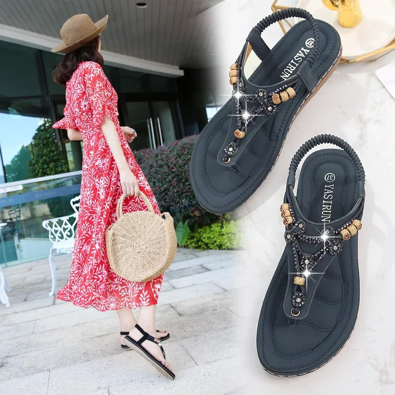 2023Shoes Women Summer Rome Sandals Retro Clip Toe Rhinestone Wedge Platform Beach Bohemian Flip Flops Sandalias De Mujer