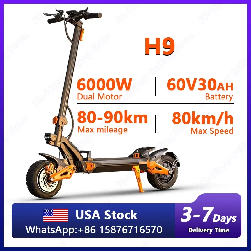 

Электрические скутеры H9, 6000 Вт, двойной двигатель, 60 В, 30 Ач, двойная подвеска, передний и задний электрический скутер, 11-дюймовые внедорожные шины, электроскутеры