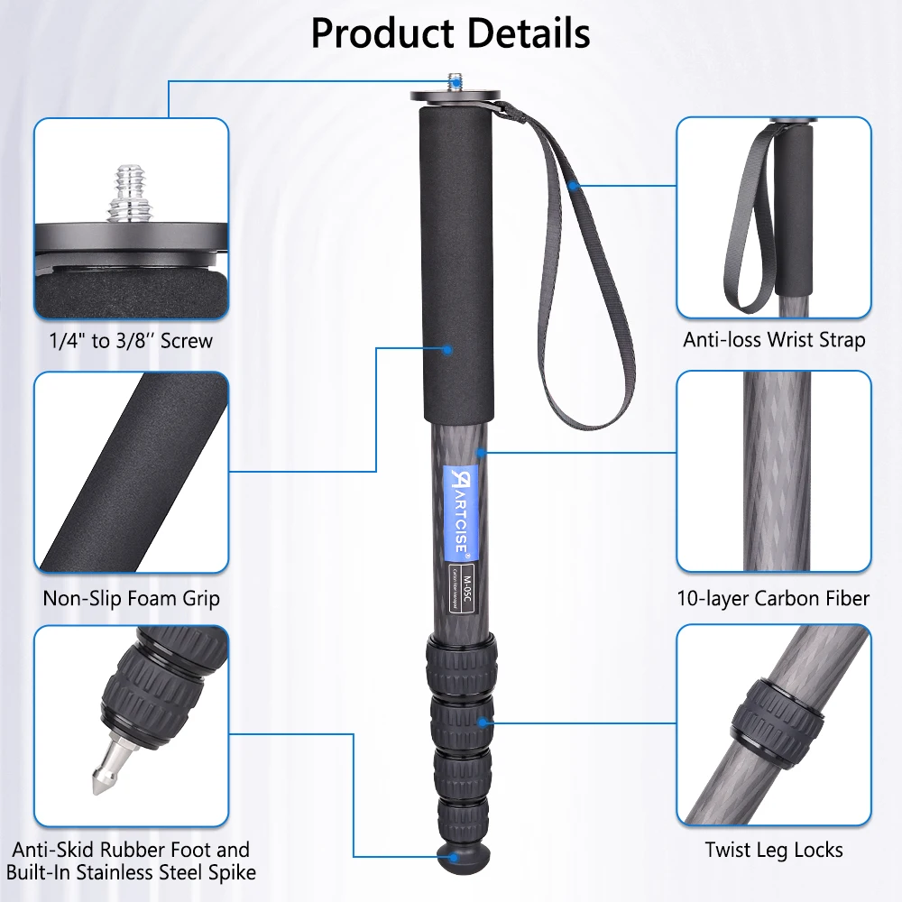 ARTCISE M-03C/M-05C Carbon Fiber Monopod 5 Section Portable Travel Shooting Monopod for Canon Nikon Sony DSLR Camera Load 10kg