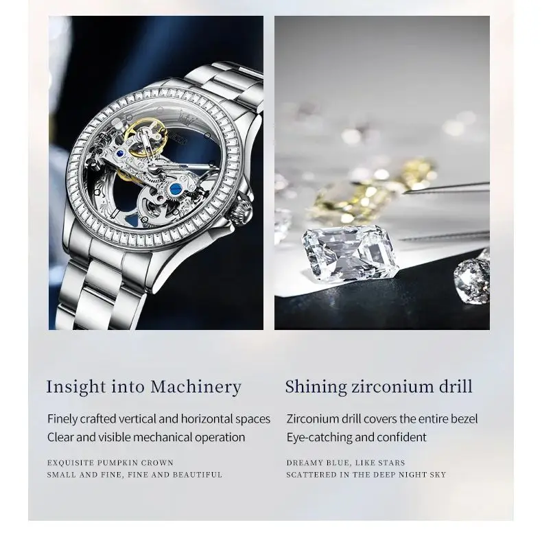 OLEVS 6699 ساعة ميكانيكية فاخرة مجوفة للسيدات ماركة أصلية مقاومة للماء ساعة ماسية أنيقة للنساء ساعة أوتوماتيكية بالكامل هدية