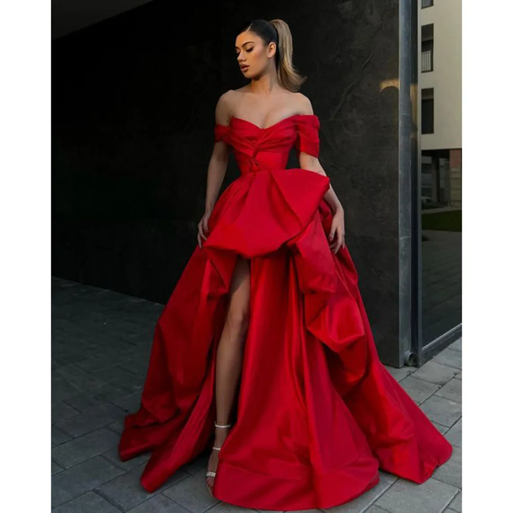 Exquisite Red Evening Party Dresses Sweetheart Off the Shoulder Floor Length High Side Split High End Women Designer Prom Gowns