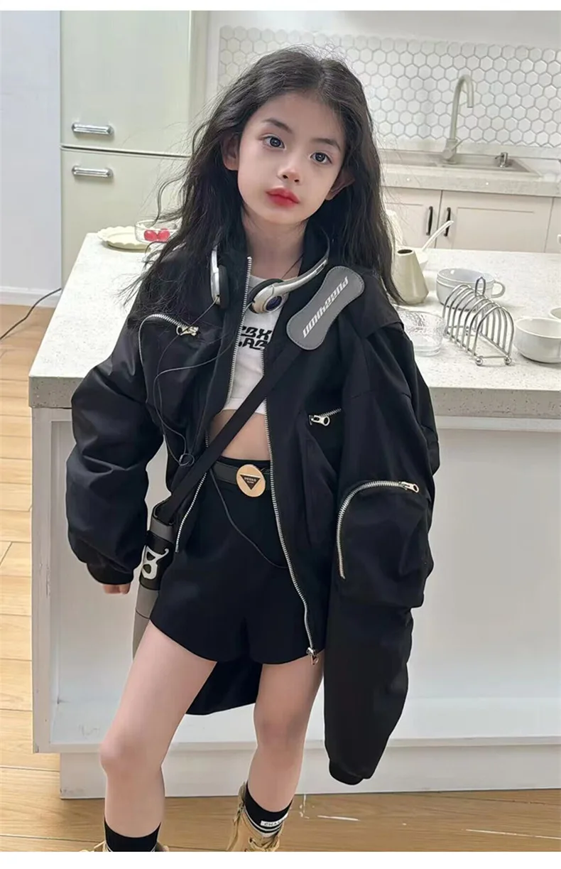 Girls Coat Spring and Autumn Coat 2024 New Fashion Girl Korean Casual Foreign Three-dimensional Cargo Black Jacket Fashion