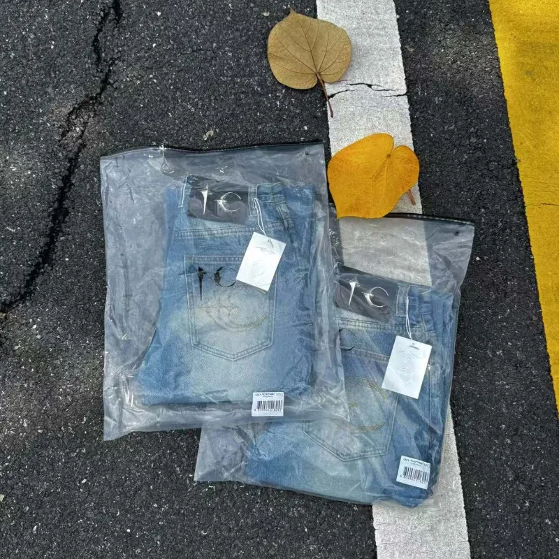 Big Mud Thug Club Casual Straight Loose Jeans Button Pants Metal Label Men Women Unisex Blue Slightly Smaller Size Trousers