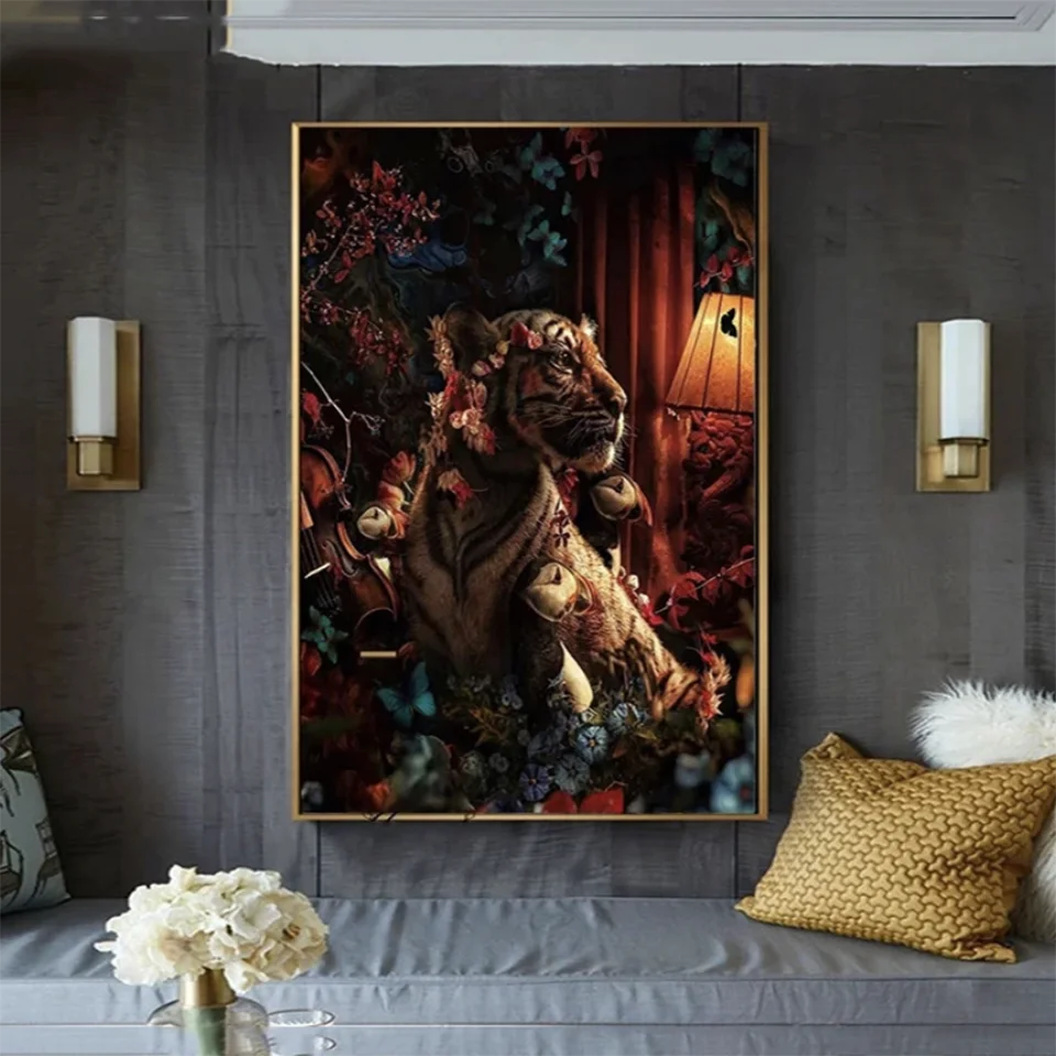 5d DIY Diamond Painting Black Golden Lion Tiger Parrot Among Flowers Luxurious Animal Cross Stitch Kits Full Diamond Embroidery