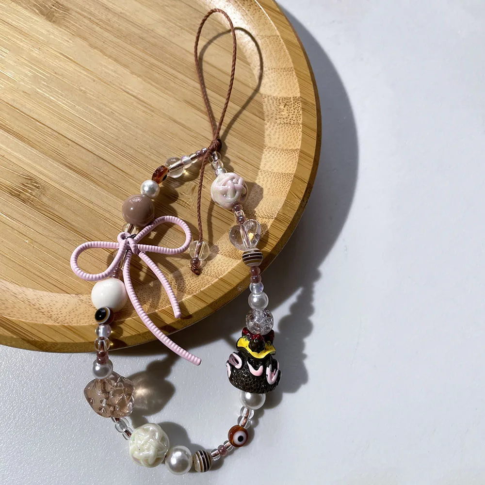 Brown Phone Charm Strap Chocolate Cake Cute Pink Alloy Bow Glass Star Pearl Bead Autumn Jewelry for Keychain Camera Wallet Decor