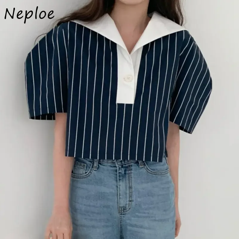 Neploe Korean Chic Vintage Reduced Age Contrast Navy Collar Blouses 2024 Summer Femme Loose Versatile Puff Sleeve Stripe Shirt