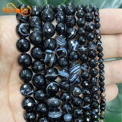 Natural Faceted Striped Black Agates Beads For Jewelry Making Onyx Round Loose Beads DIY Bracelet Earrings 15'' 4/6/8/10/12mm