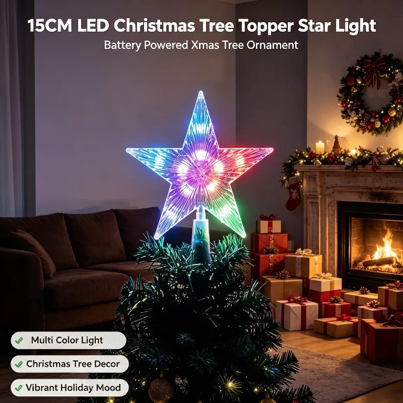15CM Christmas Tree Topper Light, LED Star Ornament with Battery Power, Xmas Holiday Decoration for Home New Year