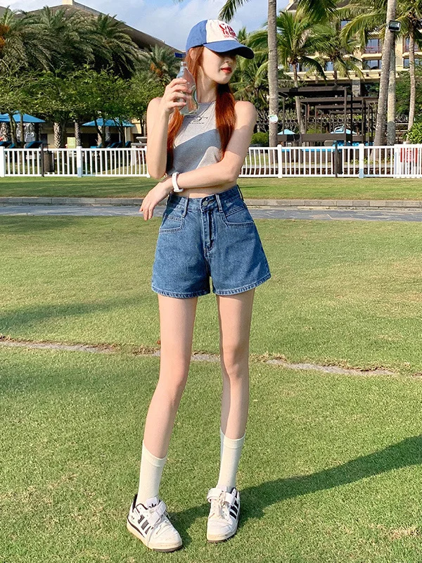 

American Design Pocket A-Line Denim Shorts Women Summer New Vintage High Waist Slim Loose Wide Leg Hot Pants High Waist