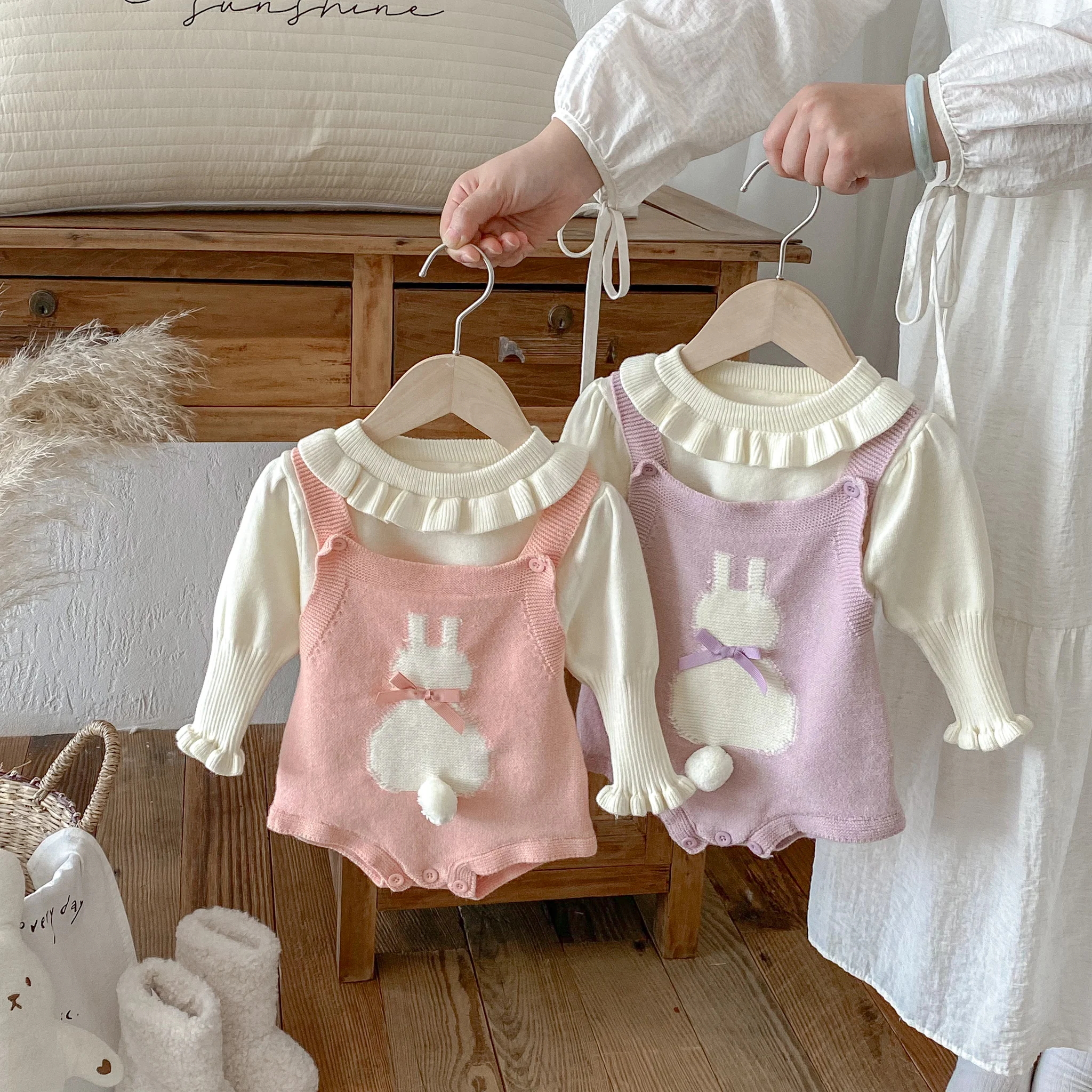 Autumn and Winter baby Sweater One-Piece Suit, Cute Rabbit baby Girl Knitted Halter Top Coat Set