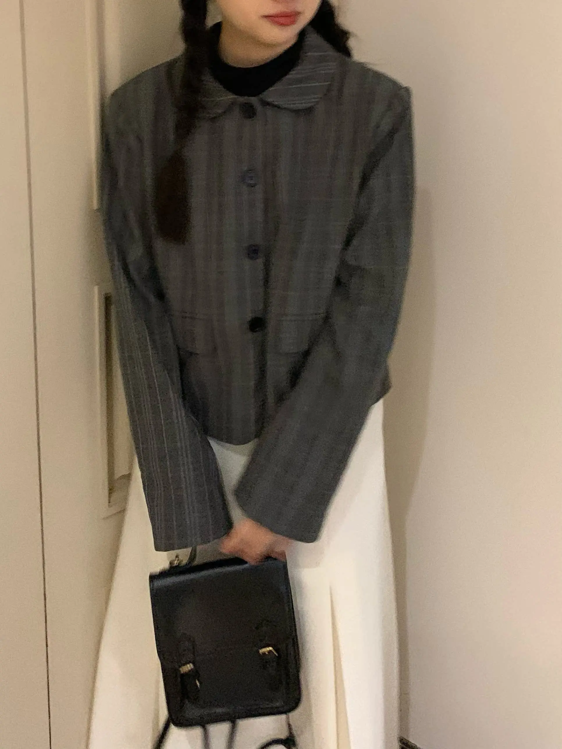 

Женская повседневная куртка в клетку в стиле ретро, осенняя новинка, маленький размер, с милым воротником, на пуговицах, с длинными рукавами