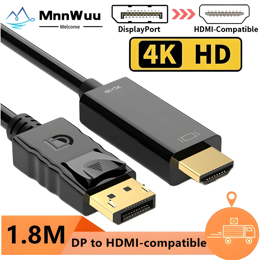 4K DP To HDMI-Compatible Cable Adapter 1.8m DisplayPort To HDMI-Compatible Converter for Desktop Laptop PC TV Monitor Projector