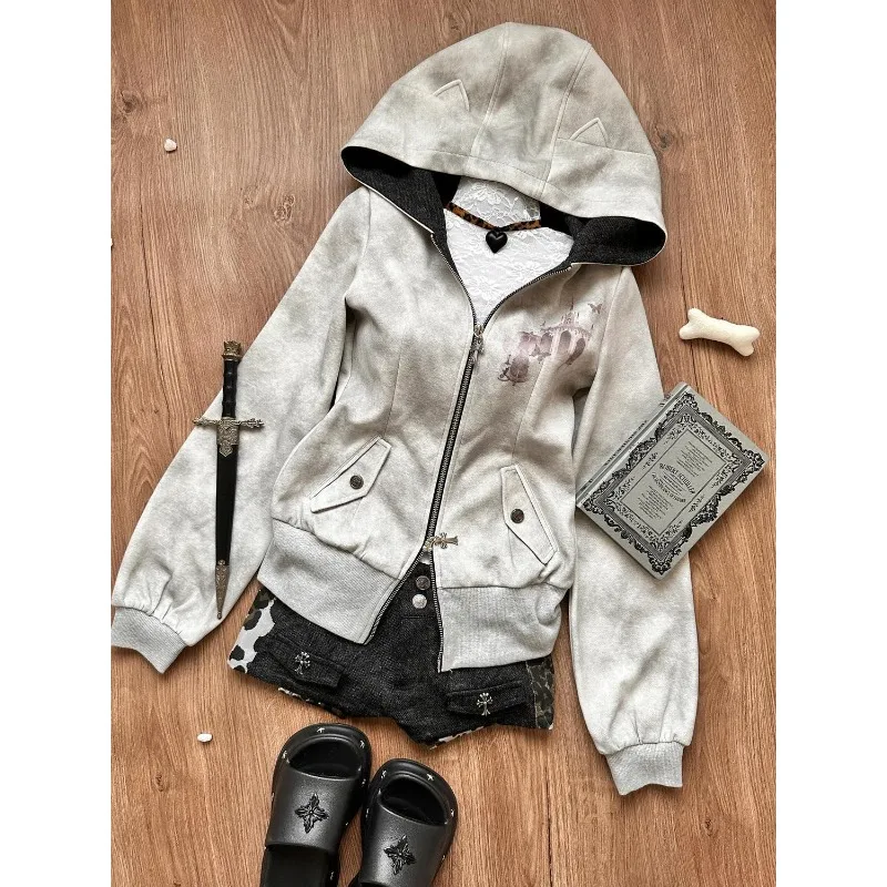 Y2k Women Autumn Winter New Style Cultivate One's (moral) Character Overcoat Grey Hooded Hoodie Divine Church Printing Cardigan