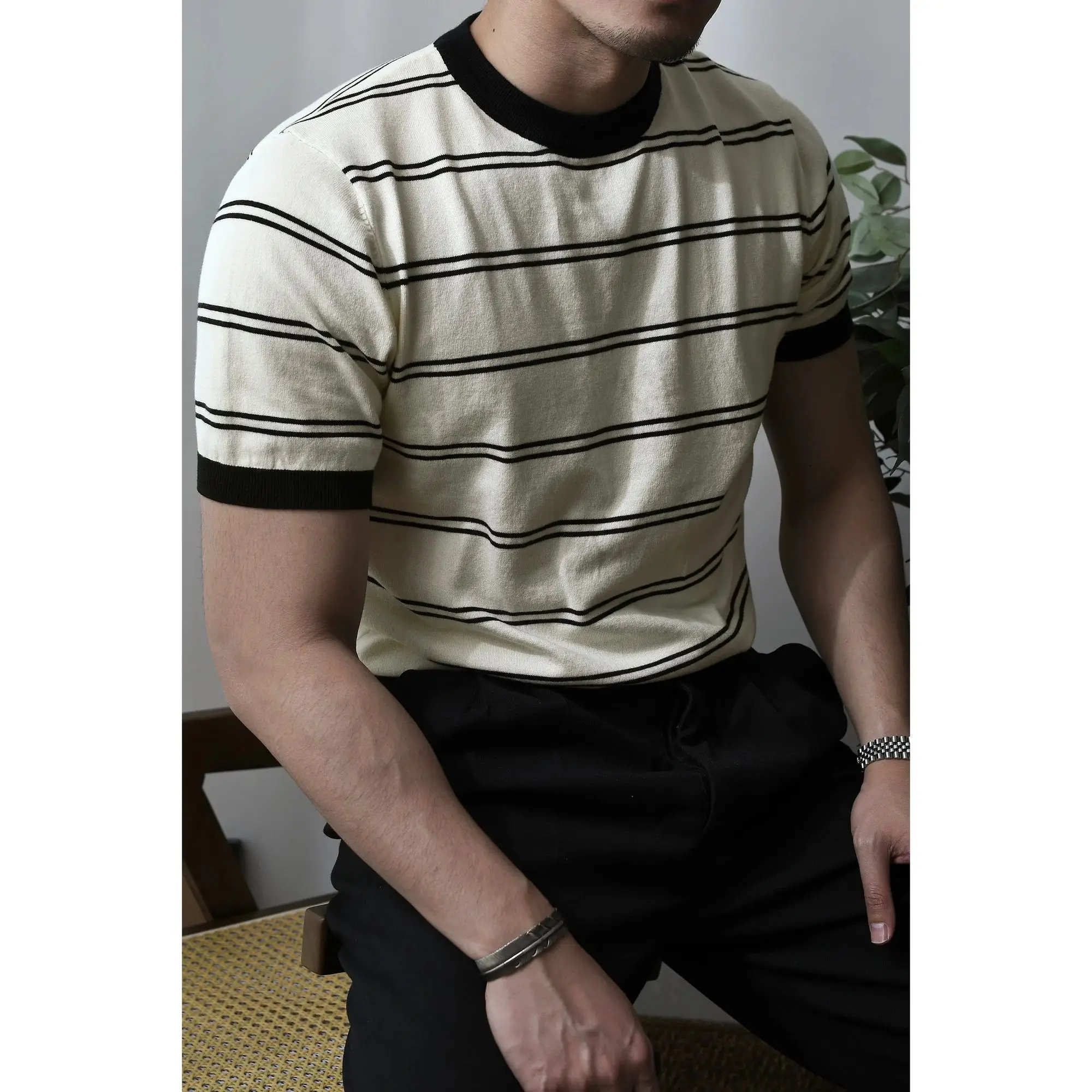 Men's Striped Knit T-shirt Business Casual Military Style Breton Top