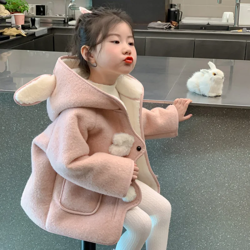 

Autumn Winter Girls' Warmth Overcoat Hooded Pure Color Coat Thicken Tops New Fashion Comfortable Jacket Children Clothes Cute