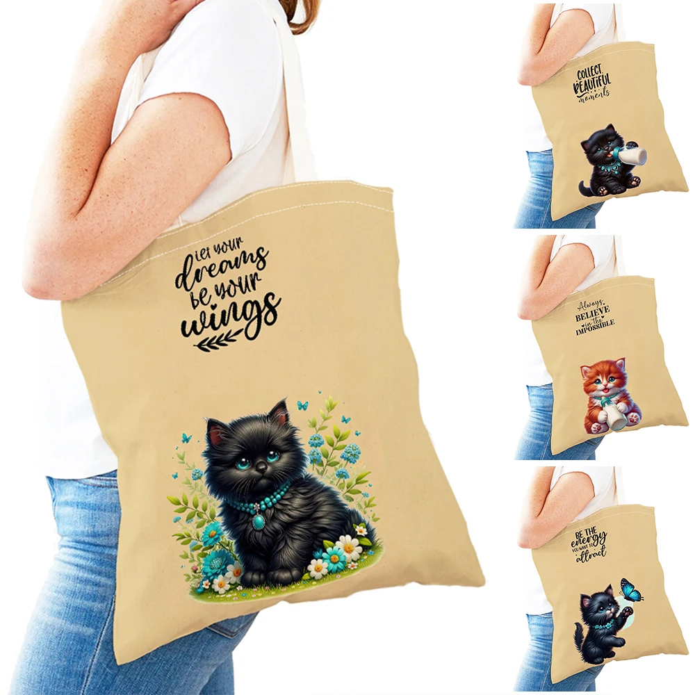

Chocolate Letter Cartoon Cat Travel Tote Handbag Pet Animal Reusable Both Sided Children Gift Casual Canvas Women Shopping Bag