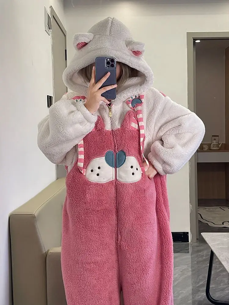 Cute Cartoon Pajamas Coral Fleece Sleepwear For Girls In Winter New Thick Plush Warm Jumpsuit Home Wear Daily Suit Cat Nightgown