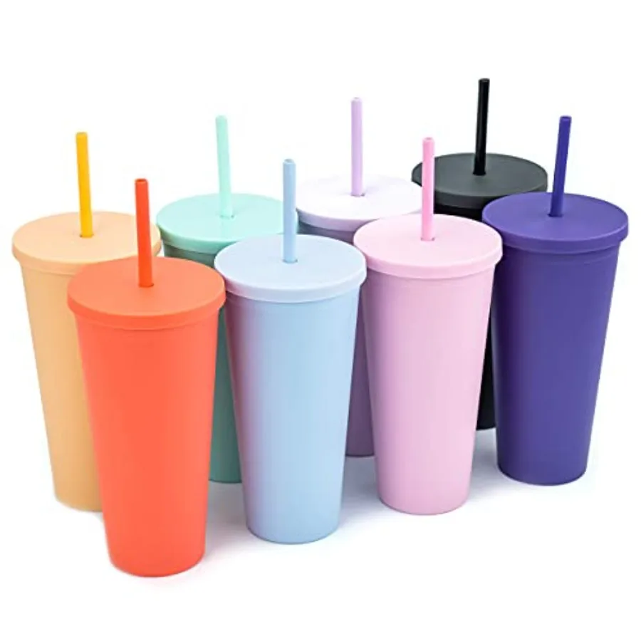 

Classic Tumblers with Lids and Straws 8 pack - 22oz Matte Pastel Colored Acrylic Tumblers with Lids and Straws, Double Wall Tum