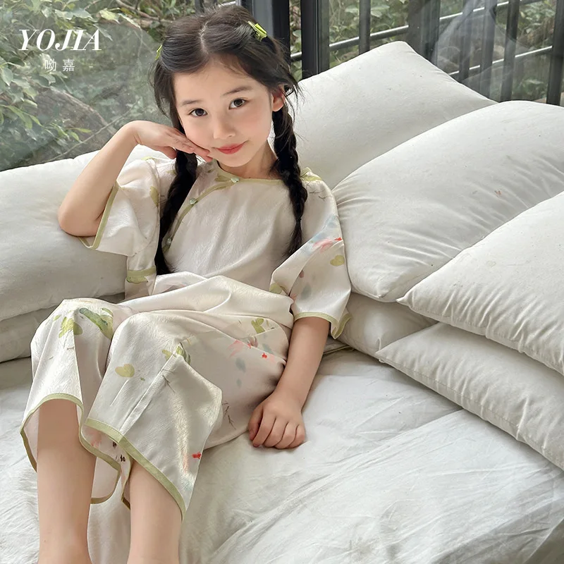 Girls Pajamas Set Girl Clothes Suit Summer 2024 New Chinese Style Air Conditioning Clothing Children Ice Silk Home Wear