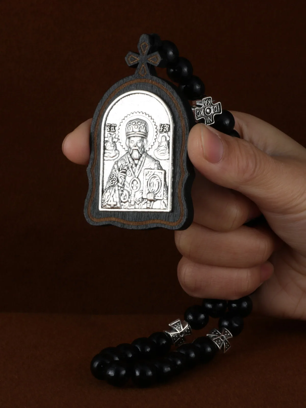 Russian Orthodox Wood Rosary Virgin Mary Child Icon Metal St.Nicholas Saint George Dragon Slayer Pendant Necklace Prayer Beads view 3