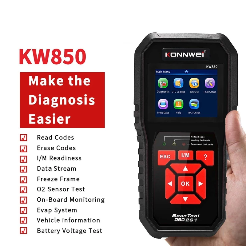 

Konnwei KW850 Universal OBD2 Auto Diagnostic Scanner OBD Car Diagnostic Tool ODB2 Check Engine Automotive Car Code Reader Black