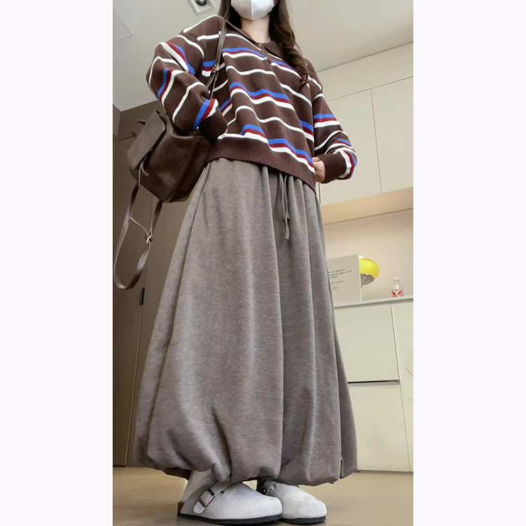 Корейская свободная трикотажная коричневая юбка с рисовым тортом, брюки, женские осенне-зимние брюки с высокой талией, девять очков, пушистая юбка с бутоном цветка