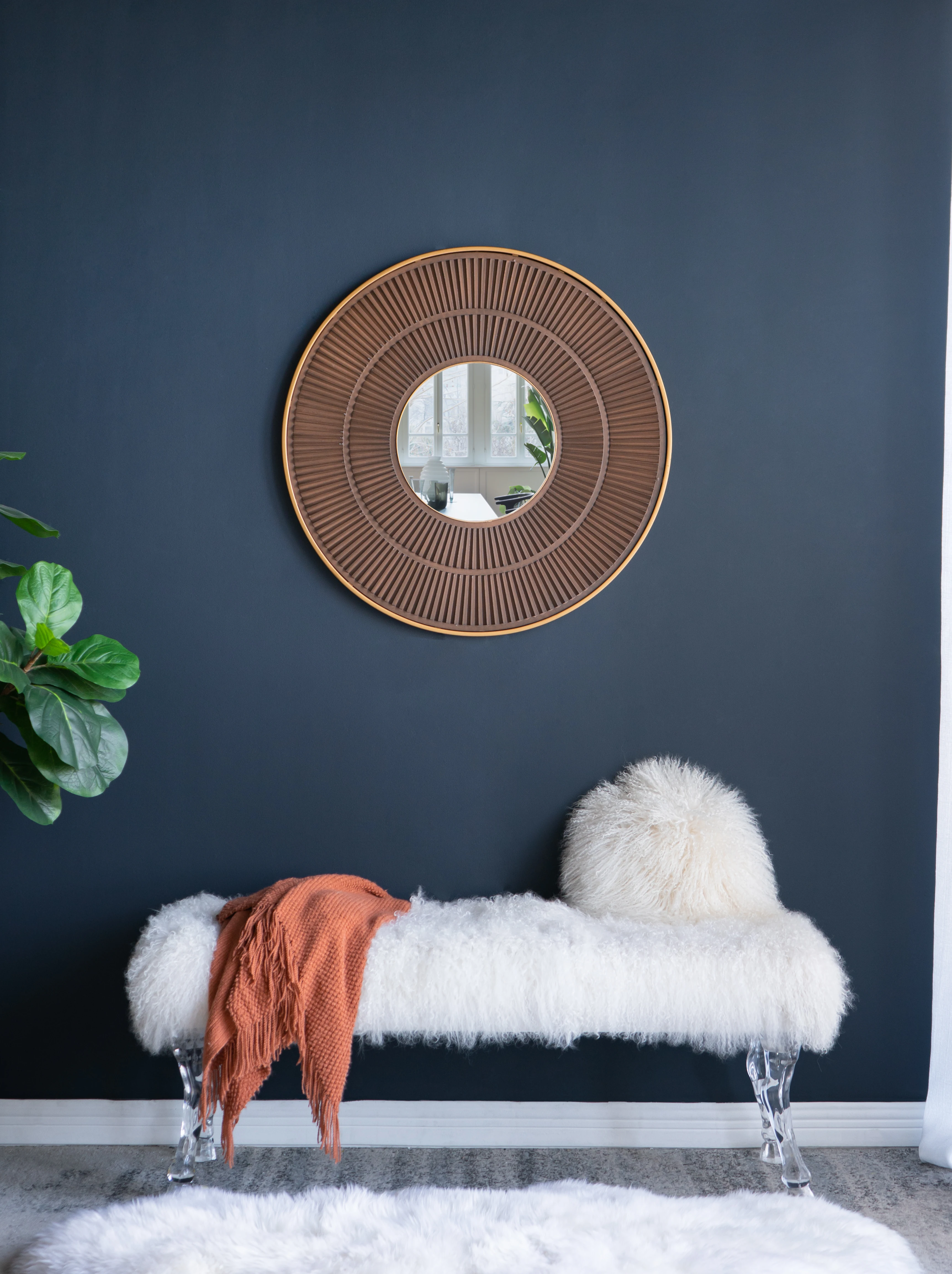 Round Carter Wooden Mirror with Gold Iron Frame Neutral Colorway Wall Decor for Live space, Bathroom, Entryway Wall Decor