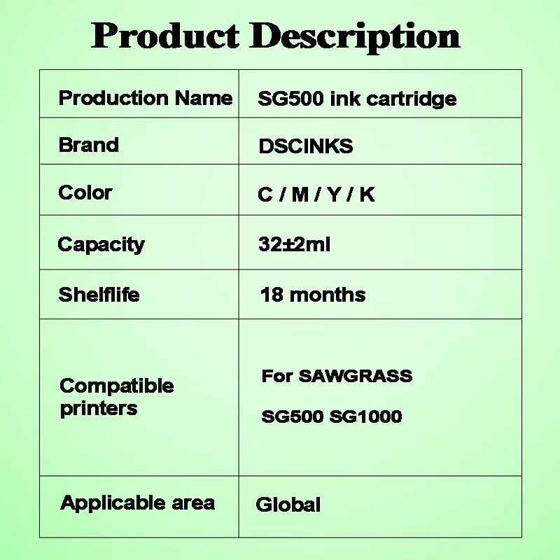 1SET Ink Cartridge For SAWGRASS SG500 SG1000 No Serial Number Compatible Ink Cartridge With Chip Sublimation Ink Plug And Play