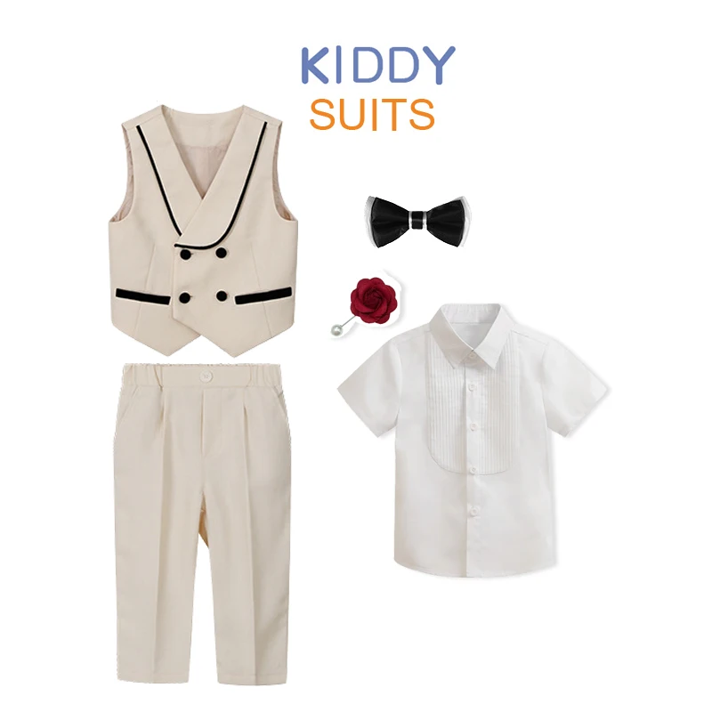 

Children Creamy white Vest Shirt Pants Bowtie Wedding Suit Flower Boys Photograph Party Costume Teenager Kids Waist Coat Dress