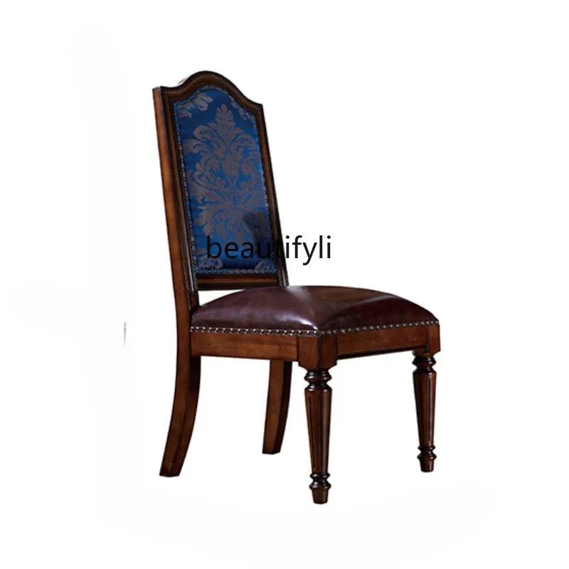 

V American Genuine Leather Dining Chair Vintage Dining Room Furniture Solid Wood High Backrest Fabric Dining Chair