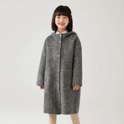 Children's Clothing 2023 Autumn winter New Camel Colored Double-sided Hooded Coat Children's Stylish Medium Length Woolen Coat
