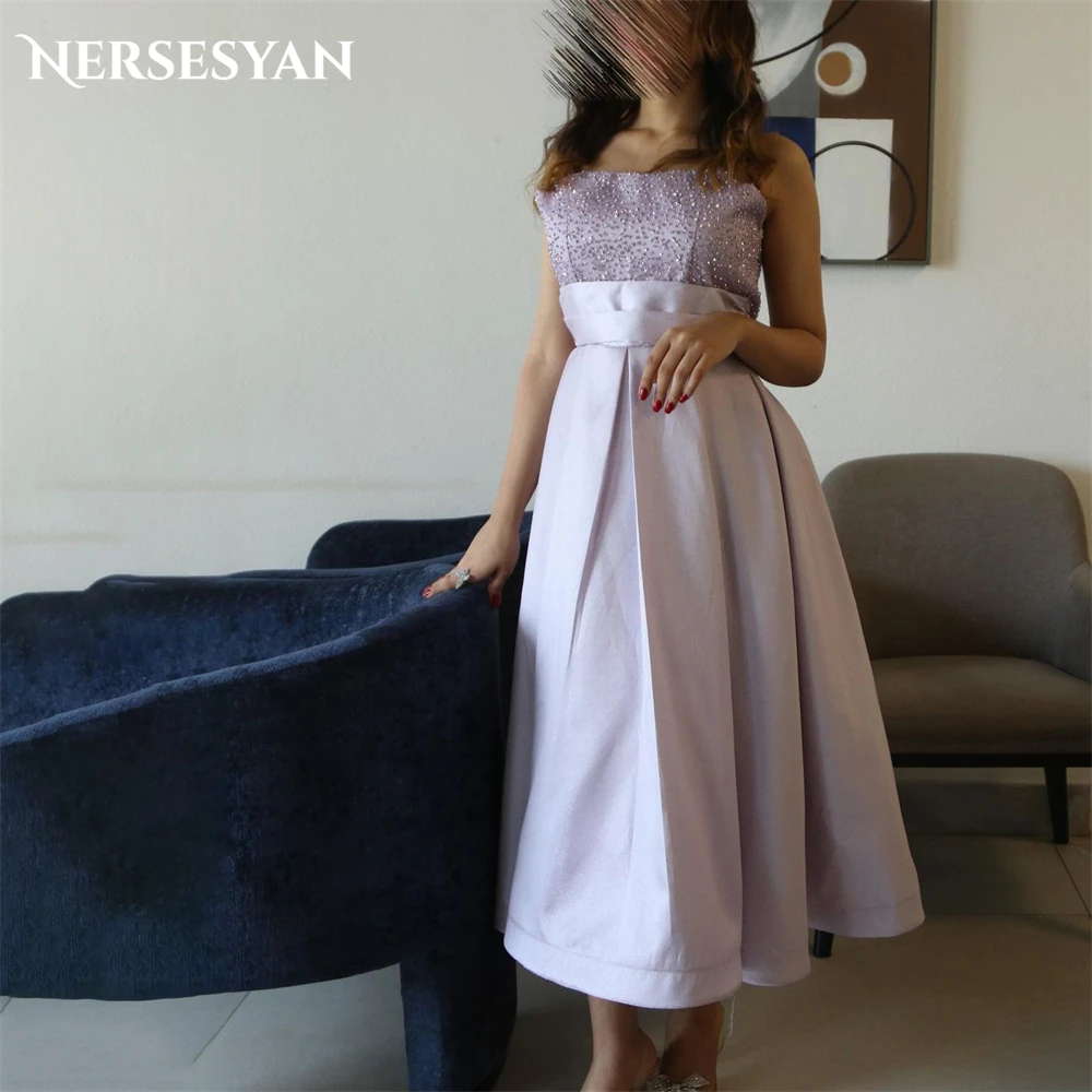 

Nersesyan Thistle Glitter Formal Evening Dresses Off Shoulder A-Line Pleats Ankle Length Prom Dress Backless Wedding Party Gowns