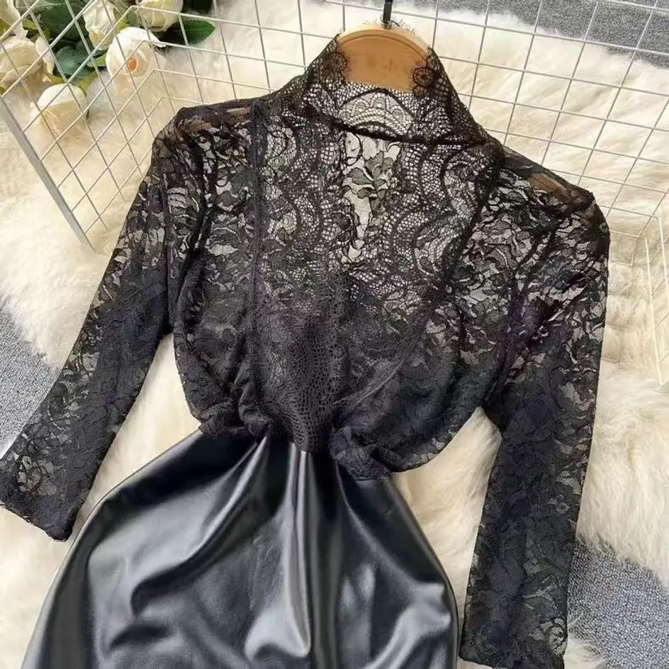 Robe en cuir PU à coutures en maille transparente pour femmes, jupe portefeuille à col en V, amincissante, coupe basse, boîte de nuit, épices