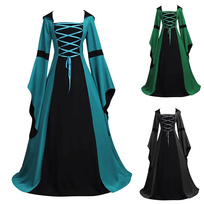 Women's Halloween Middle Ages Dressing Fashion Big Swing Vintage Long Sleeve Dress Hollow Party