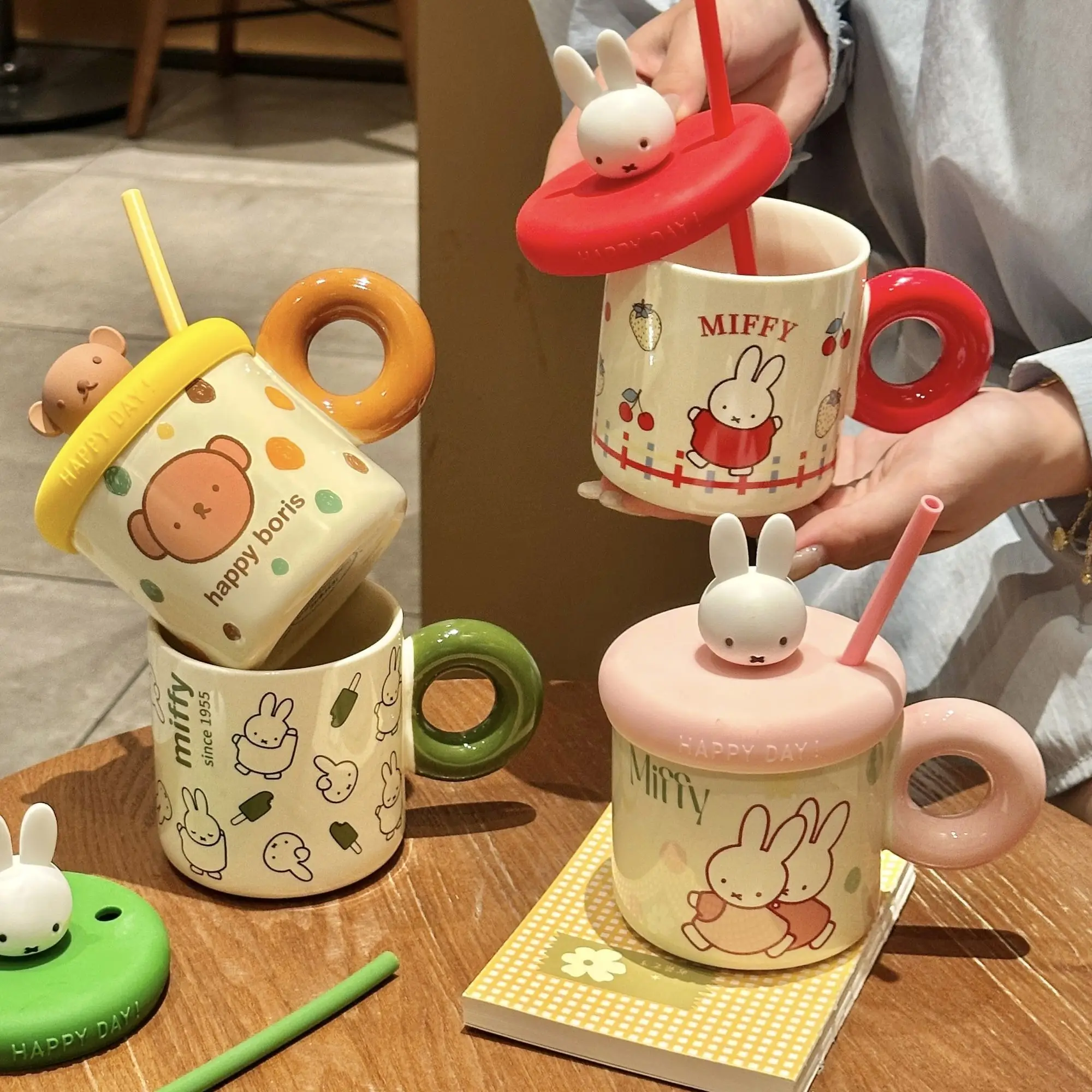 Kawaii Miffy Cute Ceramic Mug with Lid Straw High Aesthetic Couple Water Cup for Dorm Office Daily Home Accessory Cartoon Lovely