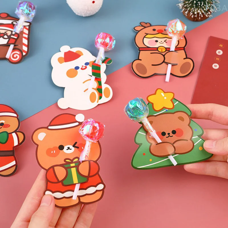 10Pcs Cartoons Lollipop Card Christmas Candy Decorations Packaging Card Cute Xmas Tree Santa Claus Lollipop Holder Gifts