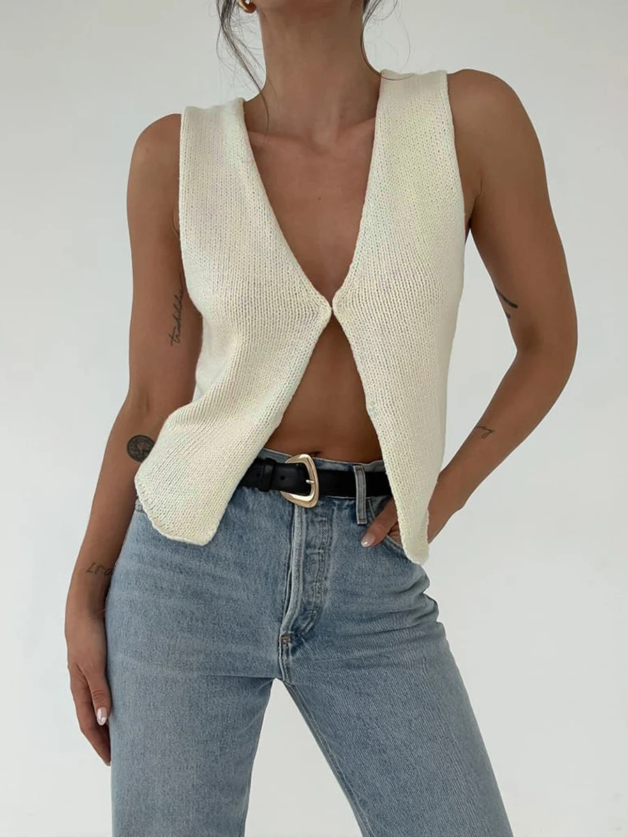 Women Knit Vest Top Sleeveless Cardigan Knitted Waistcoats Tank Tops Solid Color Casual Button Down Open Front V-Neck Streetwear