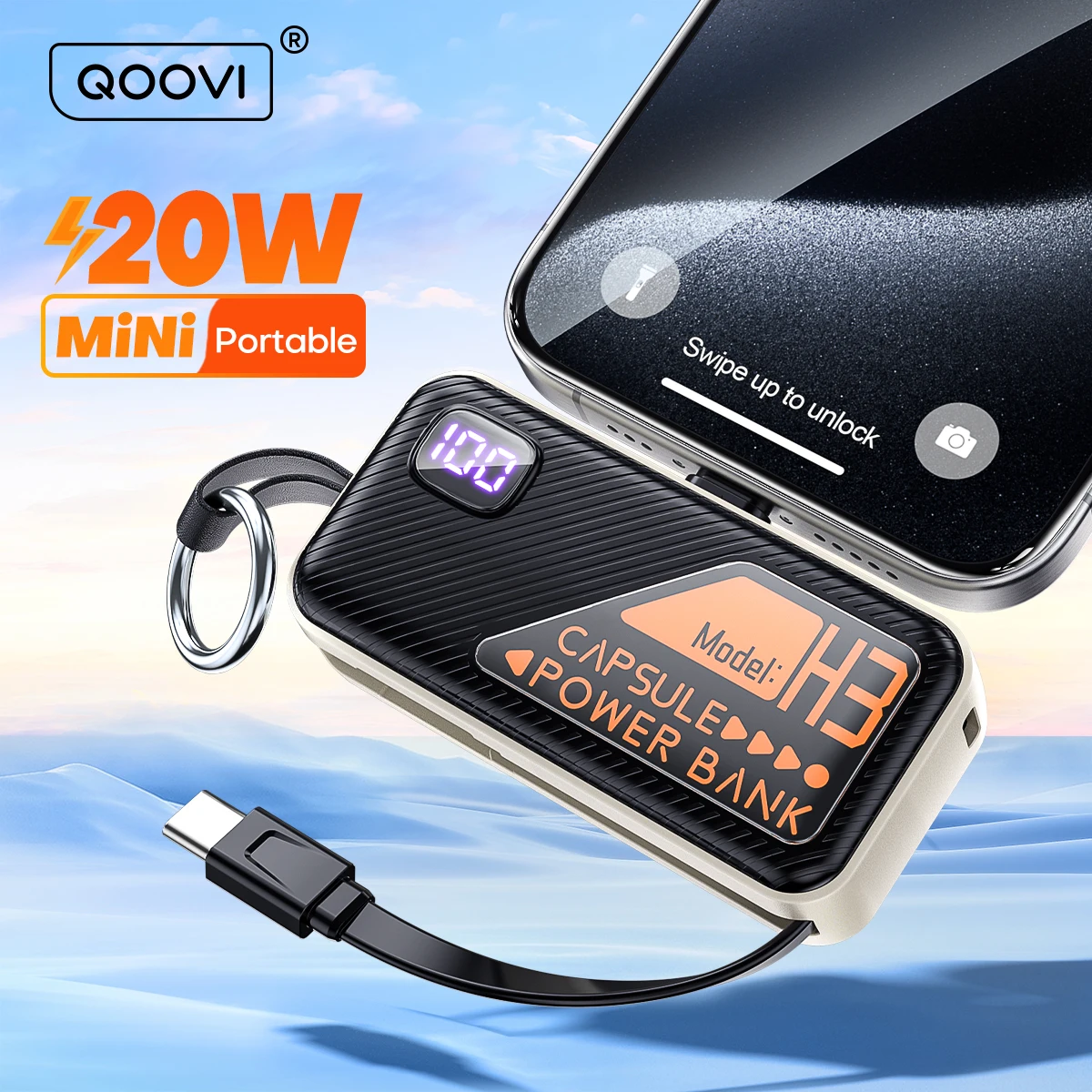 QOOVI 5000mah Mini Powerbank Built-in Cable PD 20W Portable Charger Fast Charging For iPhone 15 Samsung Xiaomi External Battery