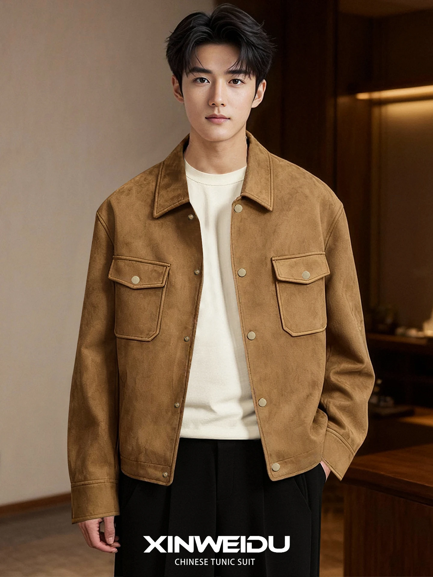 

New Dimension Men's Suede Jaet Loose Fit Commute Vintage American Sle Long Sve Coat Youth Polyester Fiber Wear Resistant