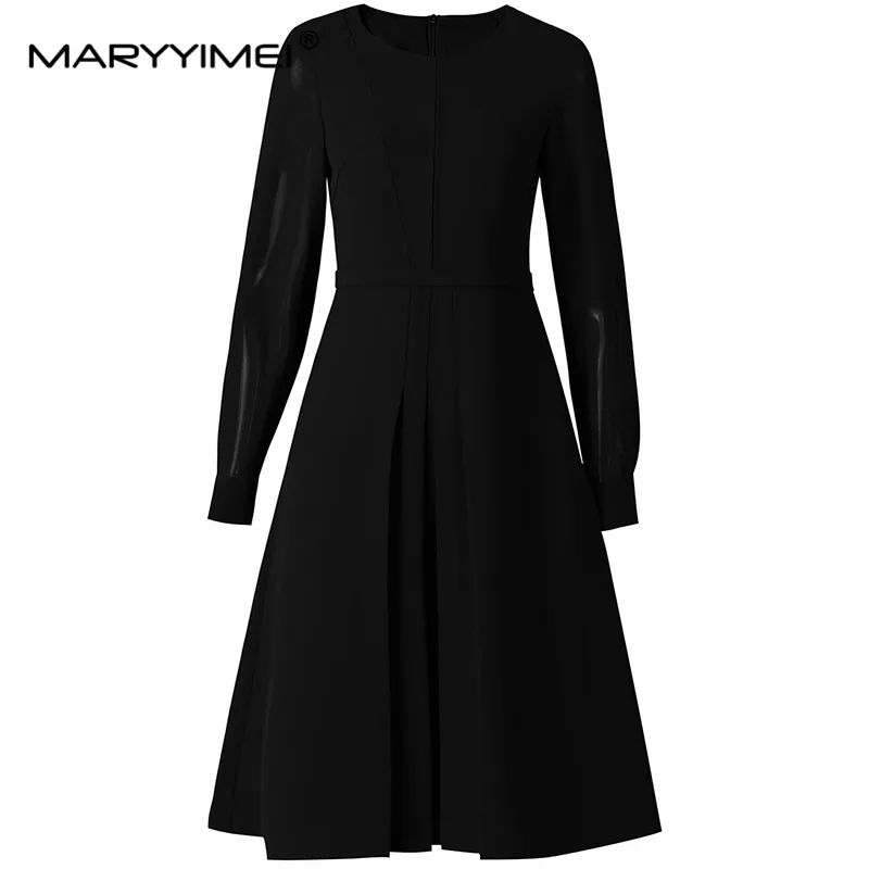 

MARYYIMEI New Fashion Runway Designer Women's Spring Purple Mature Temperament Slim-Fit Closed Waist Long Sleeve A-Line Dress