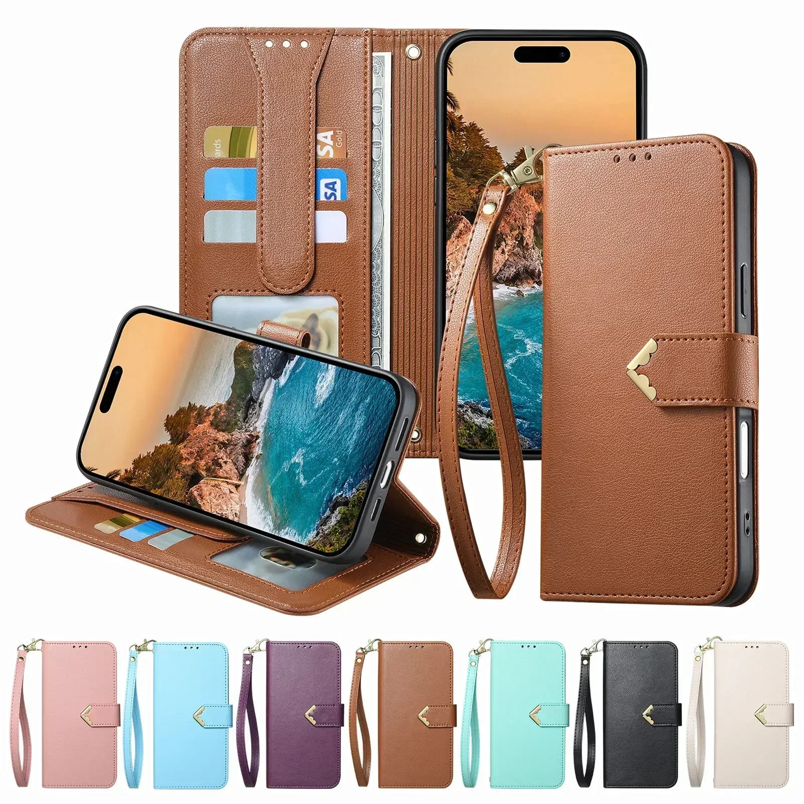 Étui portefeuille à rabat avec fente pour cartes et dragonne en cuir PU pour Honor 600 Smart Magic 6 Pro 200 Lite X7e X6d X6e X7c X5c Plus